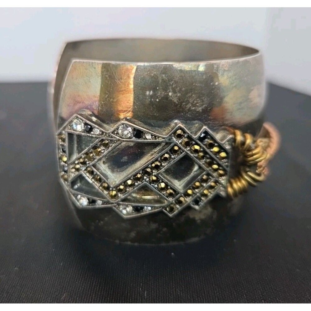 Bing Bang 2" Silver Cuff Bracelet With Stones & Goldtone Metals Heavy Unique